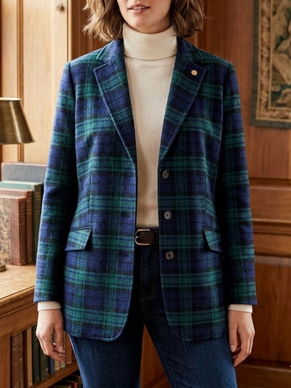 Talbots Blue Green Plaid Wool Blend Blazer Jacket Size 22W Plus Size